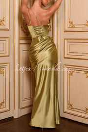 Satin One-Shoulder Maxi Dress with Corset Back Lace-Up
