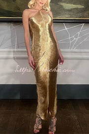 Metallic Halterneck Backless Maxi Dress with Fringe Slit