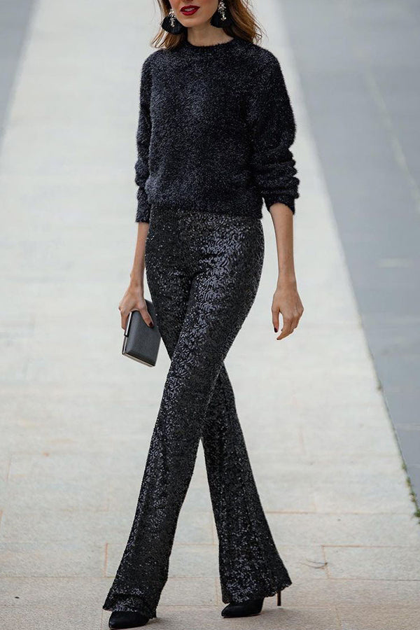 Pantalon évasé taille haute à paillettes – Fête et soirée