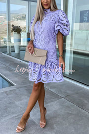 Crochet Lace Puff Sleeve Mini Dress – High Neck Party
