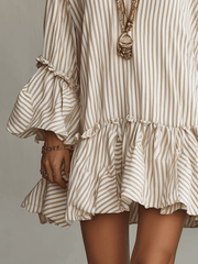 Ruffled Boho Mini Dress in Sand Stripe | Long Sleeve
