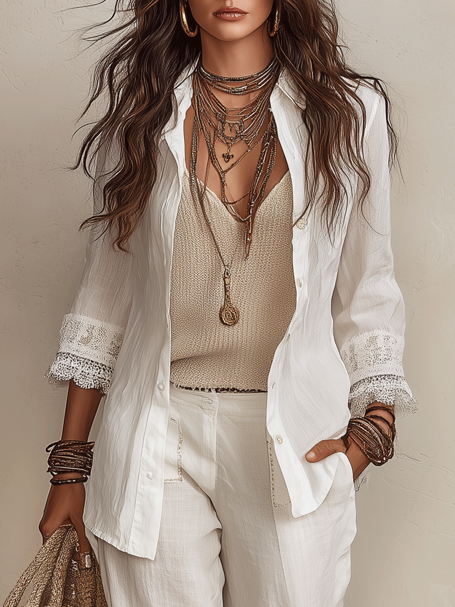 Ivory Cotton-Linen Pant Set | Bohemian Coastal Style