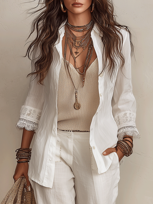 Ivory Cotton-Linen Pant Set | Bohemian Coastal Style