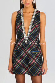 Satin Deep V-Neck Mini Dress with Gemstone Trim
