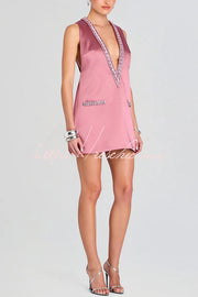 Satin Deep V-Neck Mini Dress with Gemstone Trim