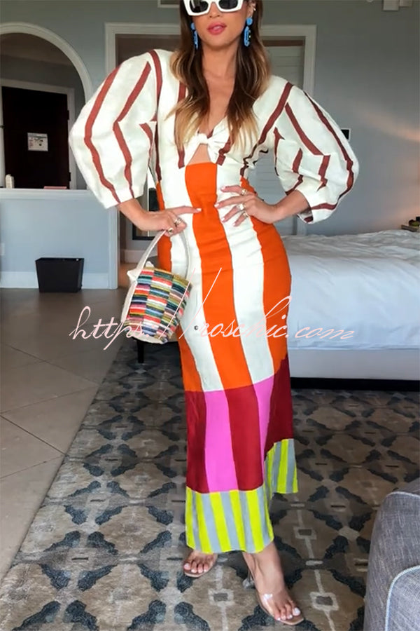 Linen Blend Color Block Puff Sleeve Maxi Dress