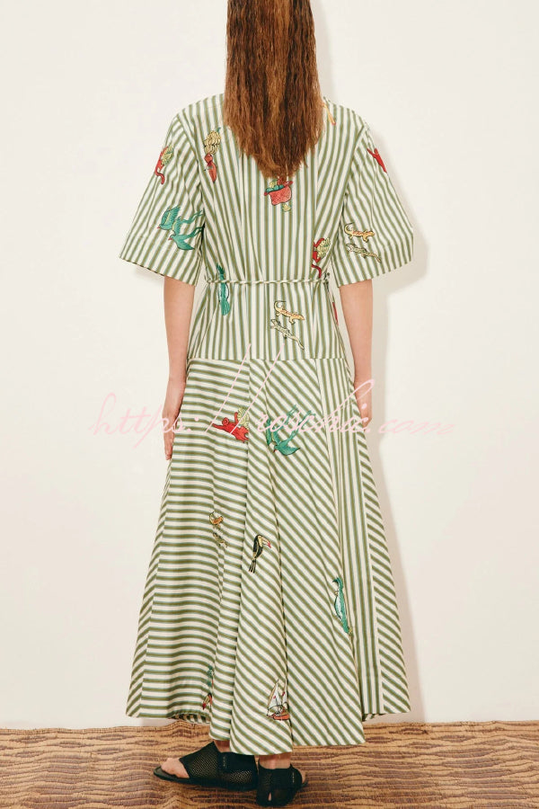Linen Blend Striped Maxi Dress with Belt & Collar