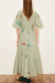 Linen Blend Striped Maxi Dress with Belt & Collar