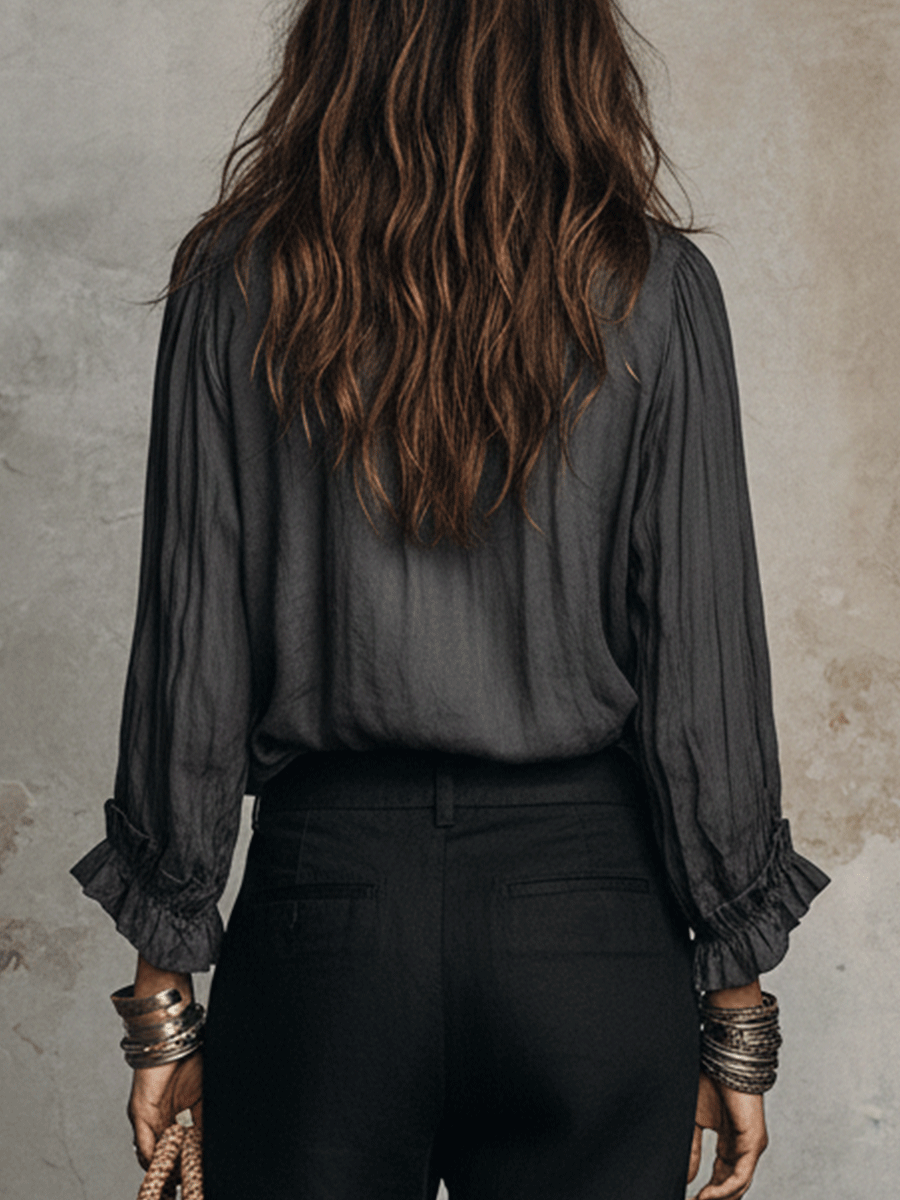 Sheer Ruffle V-Neck Long Sleeve Bohemian Blouse