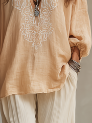 Apricot Embroidered V-Neck Long Sleeve Blouse