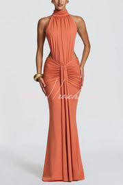 Stretch Slinky Jersey High Neck Ruched Backless Maxi Dress