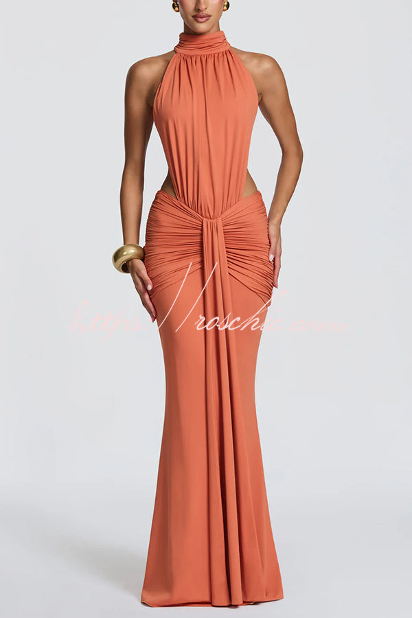 Stretch Slinky Jersey High Neck Ruched Backless Maxi Dress