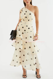 Polka Dot One-Shoulder Sleeveless Layered Mesh Maxi Dress
