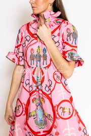 Warhorse Print Caftan Midi Dress with Ruffle Sleeves