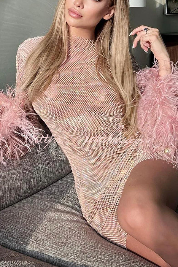 Rhinestone Open Knit Feather Sleeve Party Mini Dress