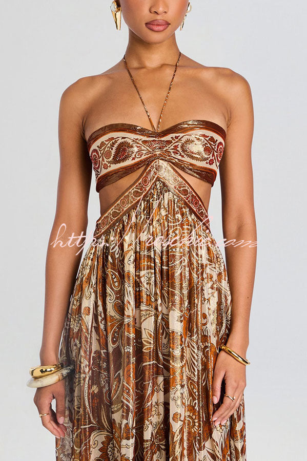 Chiffon Golden Paisley Cutout Halter Maxi Dress