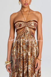 Chiffon Golden Paisley Cutout Halter Maxi Dress