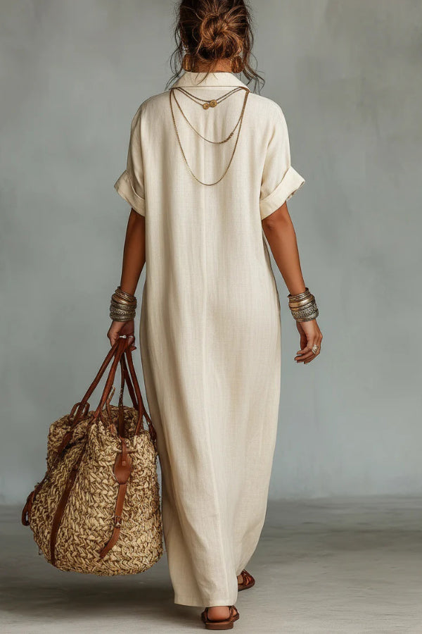 Linen Blend Embroidered Maxi Dress | V-Neck Loose Fit