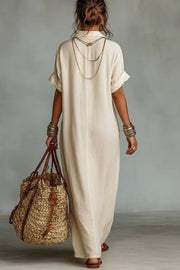 Linen Blend Embroidered Maxi Dress | V-Neck Loose Fit