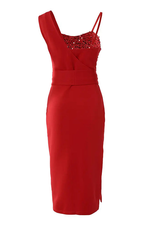 Sequin Patch Slit Party Dress – Sleeveless Midi