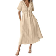 Women's Cotton V-Neck Drawstring Casual Beach Dress with Pockets