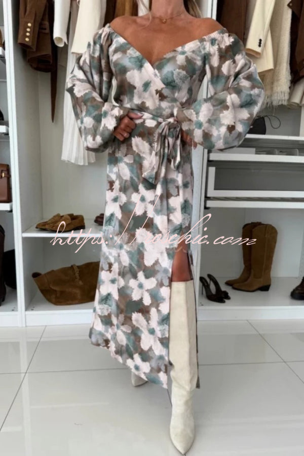 Printed V-Neck Maxi Dress with Waist Tie and Side Slit