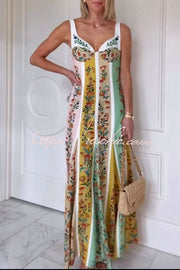 Linen Blend Color Block Floral Maxi Dress – Sweetheart Neck