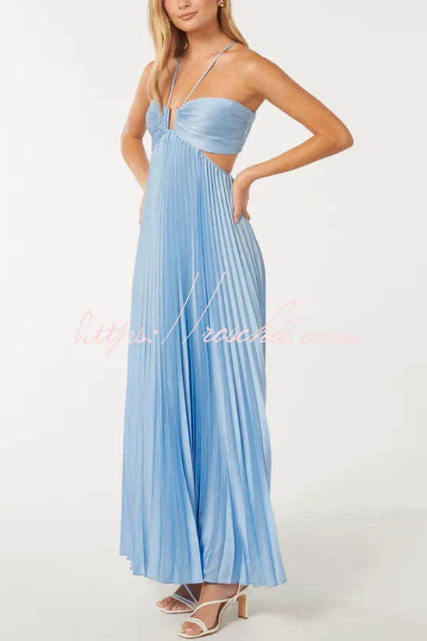 Satin Pleated Maxi Dress with Cross Halter Cutout