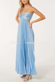 Satin Pleated Maxi Dress with Cross Halter Cutout