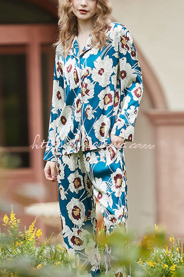 Blue & White Floral Print Long Sleeve Two-Piece Set