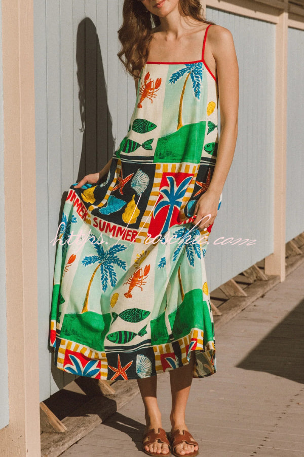 Printed Square Neck Sleeveless Maxi Dress with Pockets