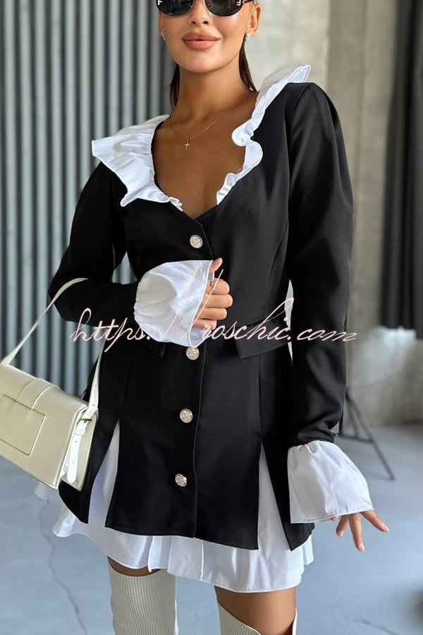 Ruffled Patchwork Blazer Mini Dress – Long Sleeve Shirt Collar