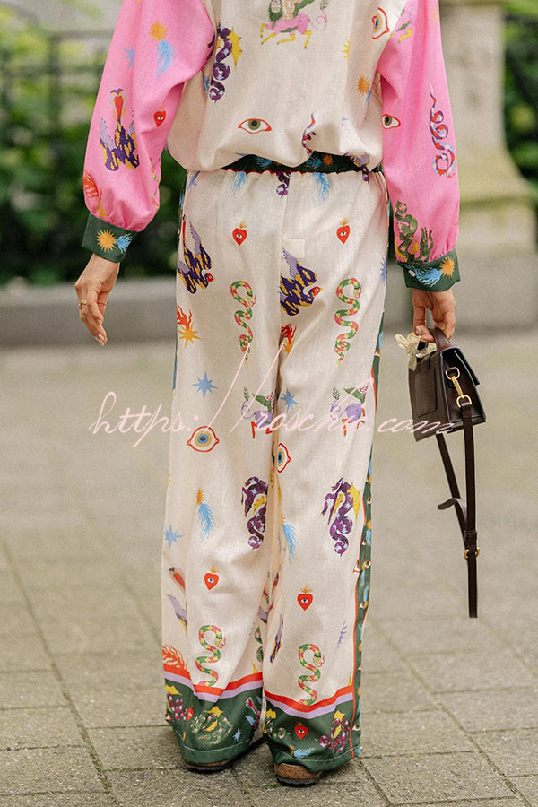 Linen Blend Printed Loose Blouse and Pants Set with Pockets