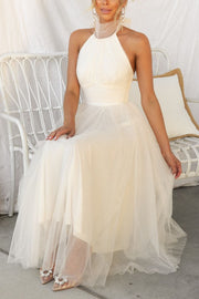 Tulle Halter Maxi Dress with Gathered Detail