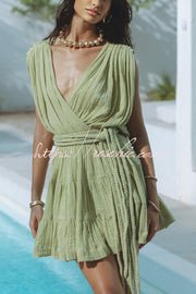 Linen Blend Draped Mini Dress with Braided Belt Detail