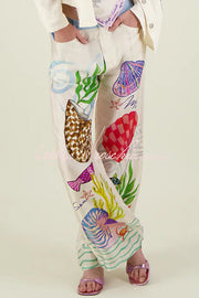 Satin Wide Leg Pants with Marine Print & Elastic Waist