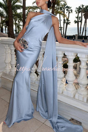 Satin One Shoulder Backless Cape Maxi Dress