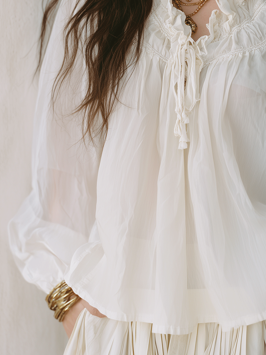 Ivory White Ruffle Trim Bohemian Long Sleeve Blouse