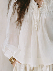 Ivory White Ruffle Trim Bohemian Long Sleeve Blouse
