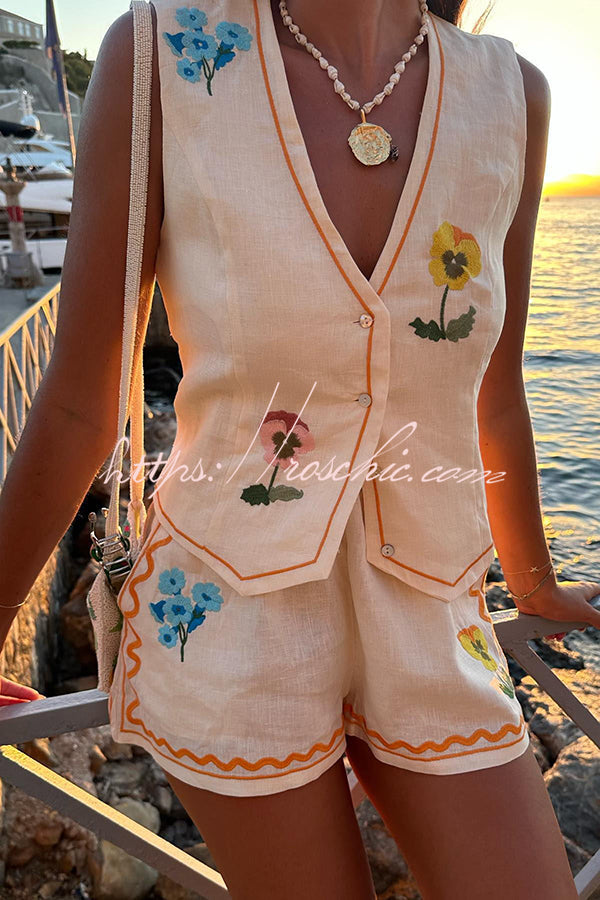 Floral Linen Blend Button Vest & Shorts Set