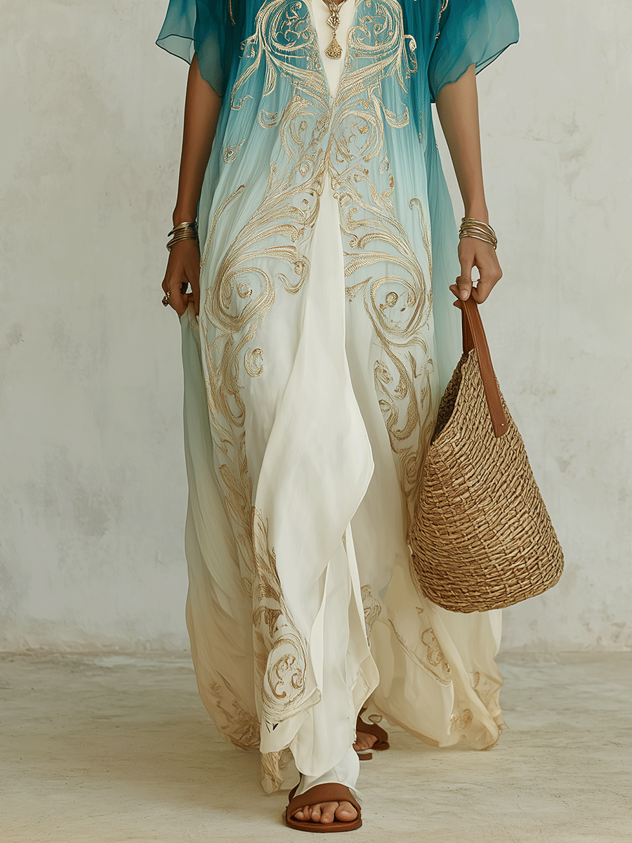 Aqua Ombre Kaftan Maxi Dress | Coastal Resort Style