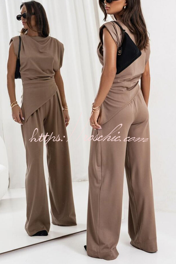 Ruched Shoulder Wide Leg Pants Set with Pockets