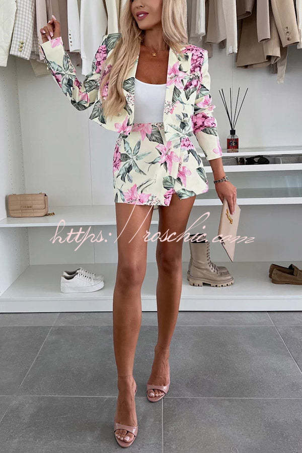 Floral Print Crop Blazer with Lapel & Long Sleeves