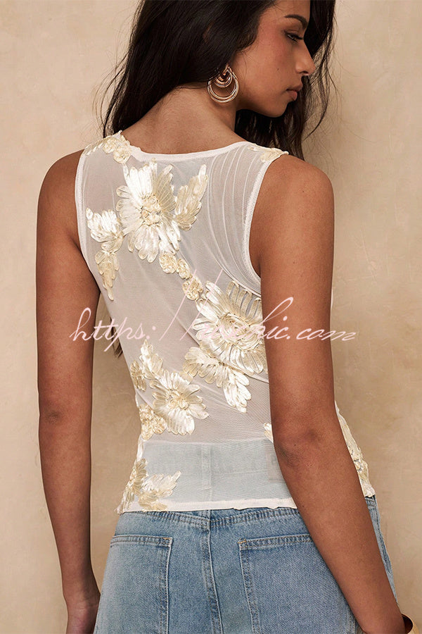 Mesh Embroidered Sleeveless Top – Loose Fit Vacation Wear