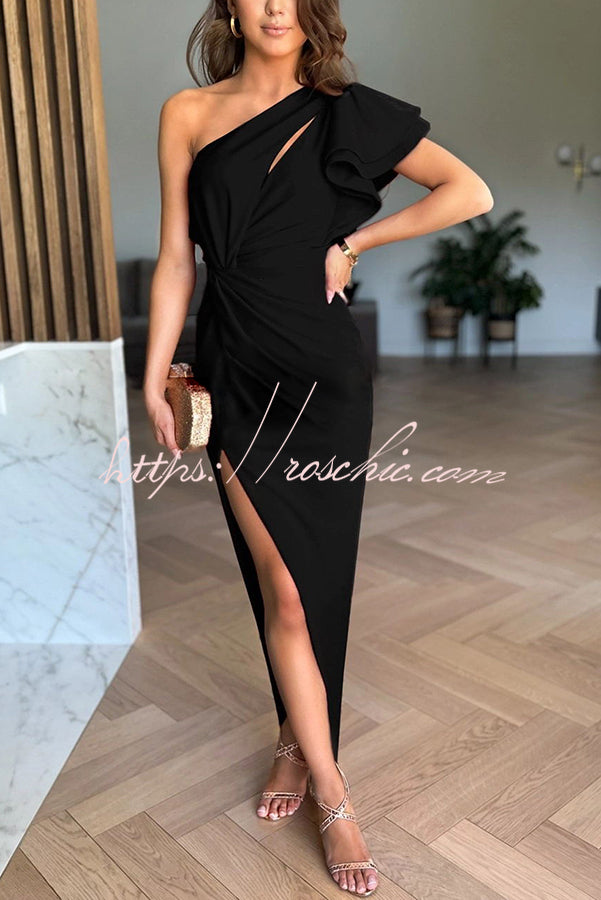 One Shoulder Ruffle Sleeve Maxi Gown with Asymmetrical Hem
