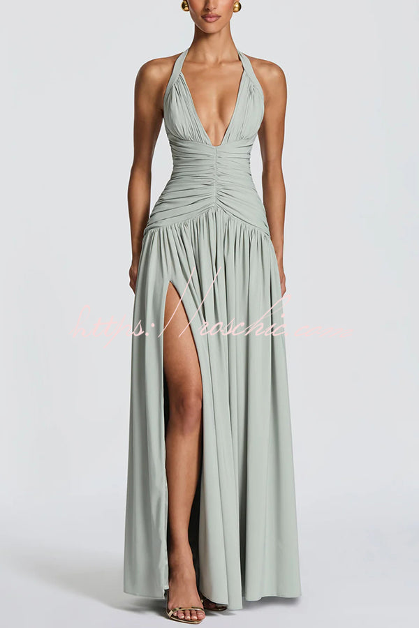 Chiffon Halter Maxi Dress with Lace-Up Back and Side Slit