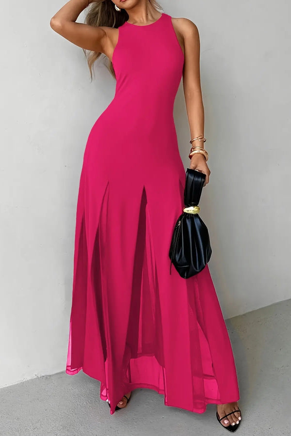 Sheer Patchwork Hem Sleeveless Maxi Dress | Vacation & Party