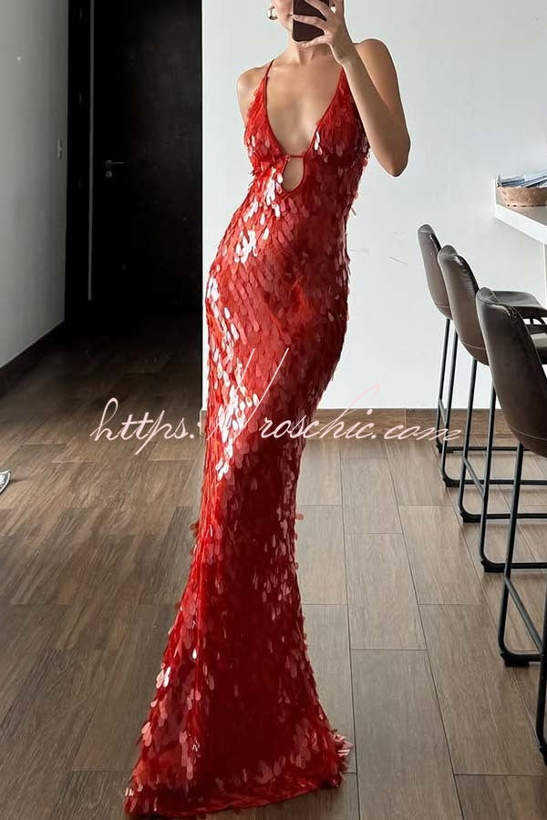 Fish Scale Sequin Cutout U-Neck Slip Maxi Dress