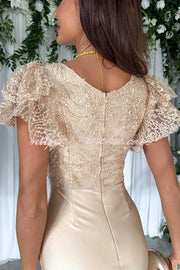 Lace & Satin Patchwork Ruffle Sleeve Ruched Midi Dress