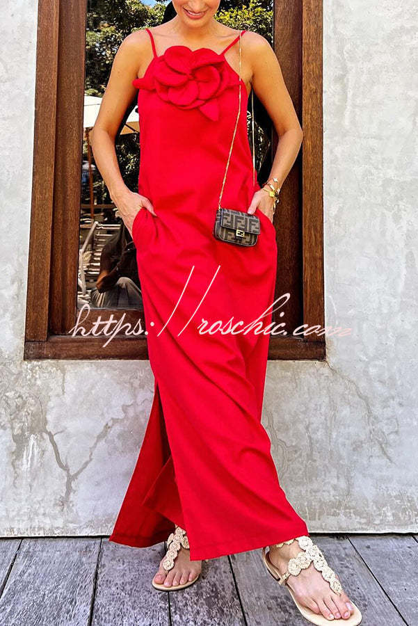 Linen Blend Floral Embellished Maxi Dress with Pockets & Slit
